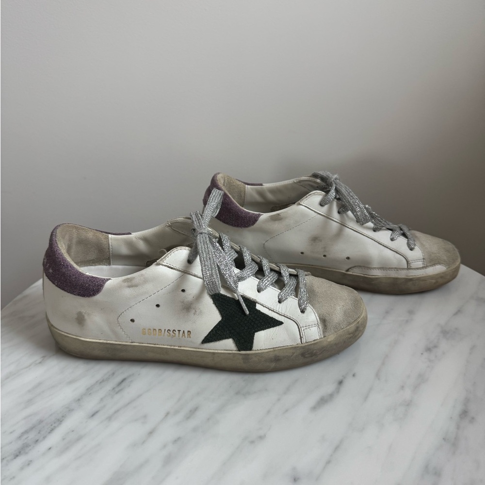 Golden Goose White Sneakers with Green Star and Purple Accent